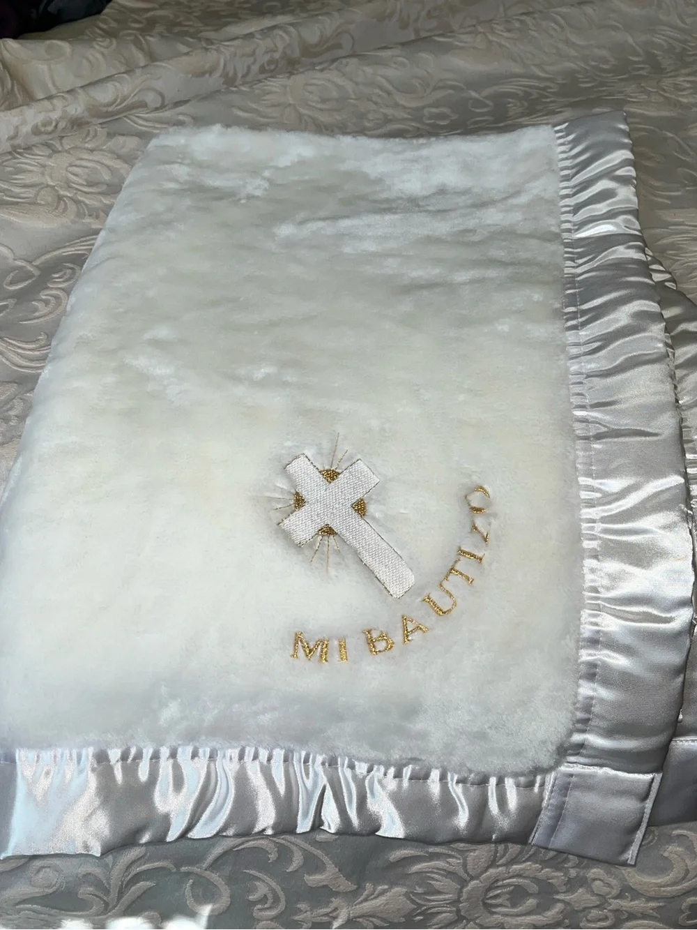 Baby Mink Soft White Satin-Trim Blessed Baby Baptism Blanket - Embroidered Cross